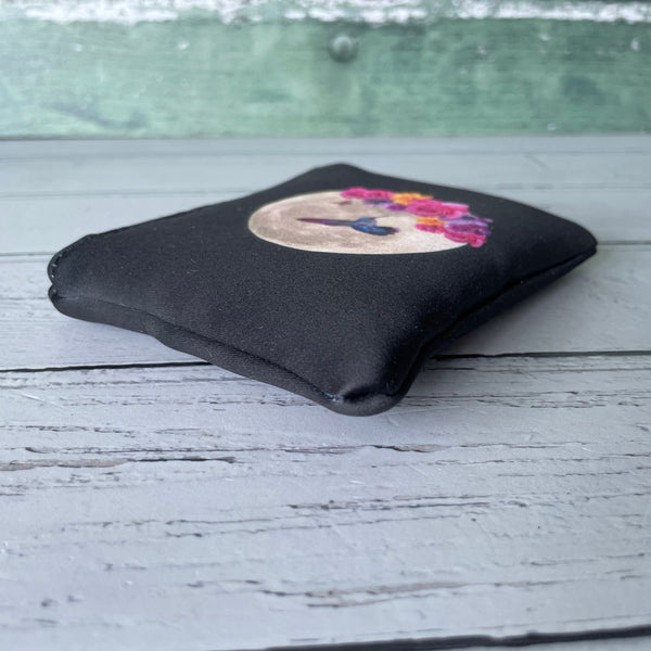 Black and Blue Hummingbird Floral Moon Small Satin Zip Coin Purse  Pouch