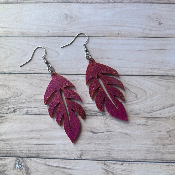 Metallic Magenta Pink and Copper Tropical Leaf Plant Dangle Stainless Steel Hook Earrings