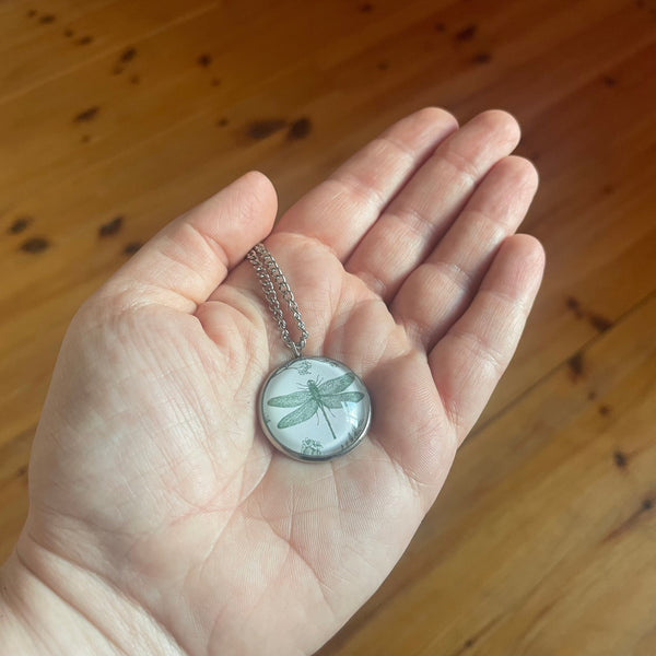 Green Dragonfly Print Glass Cabochon Pendant Necklace