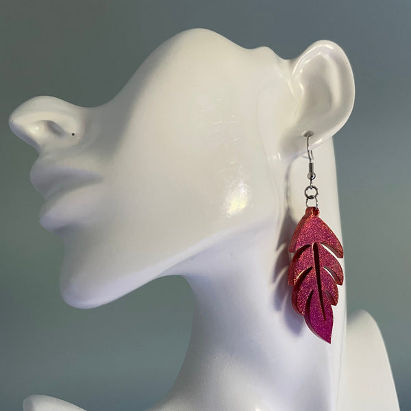 Metallic Magenta Pink and Copper Tropical Leaf Plant Dangle Stainless Steel Hook Earrings