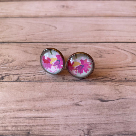 Pink Floral Print Glass Cabochon 14mm Stud Stainless Steel Stud Earrings