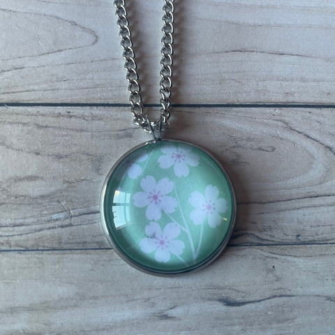 Green and White Floral Print Glass Cabochon Pendant Necklace