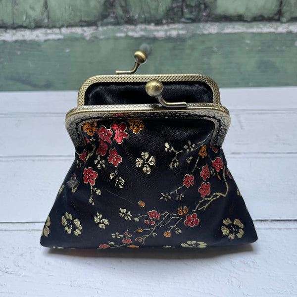 Black and Gold Blossom Floral Brocade Credit Card Coin Clasp Purse Pouch
