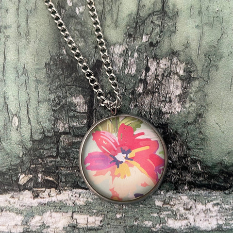 Floral Print Glass Cabochon Pendant Necklace