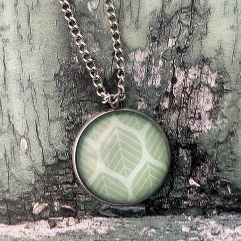 Green Leaf Print Glass Cabochon Pendant Necklace