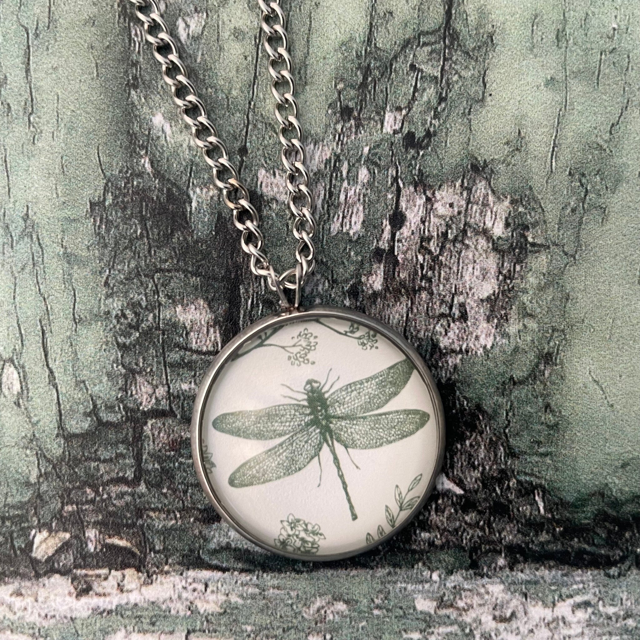 Green Dragonfly Print Glass Cabochon Pendant Necklace