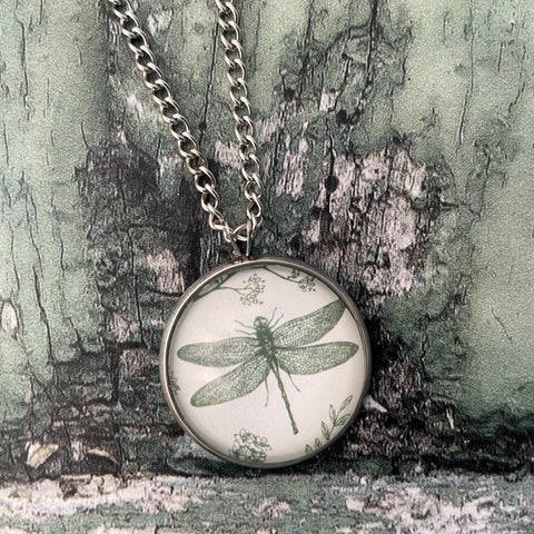 Green Dragonfly Print Glass Cabochon Pendant Necklace