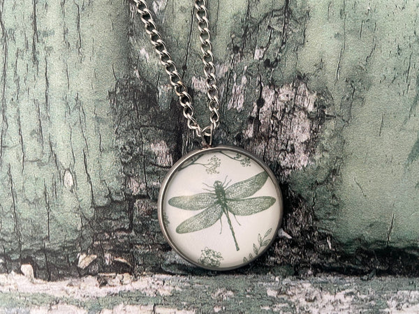 Green Dragonfly Print Glass Cabochon Pendant Necklace