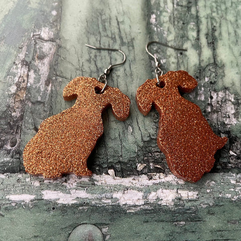 Metallic Bronze and Gold Resin Dachshund Weiner Sausage Dog Dangle Stainless Steel Hook Earrings