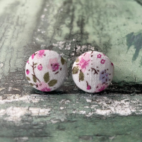 Vintage Style Pink and Lilac Floral Fabric Button 19mm Stud Stainless Steel Stud Earrings