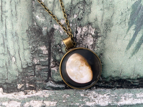 Waning Gibbous Moon Phase Print Glass Cabochon Pendant Necklace