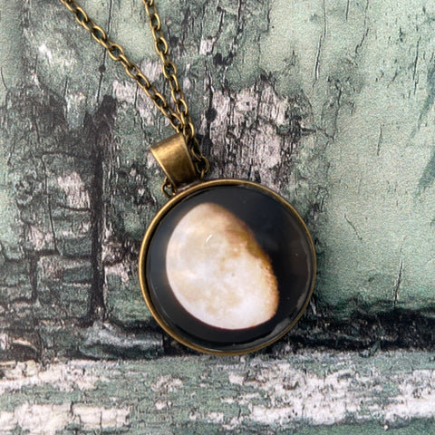 Waning Gibbous Moon Phase Print Glass Cabochon Pendant Necklace