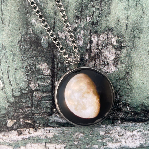 Waning Gibbous Moon Phase Print Glass Cabochon Pendant Necklace