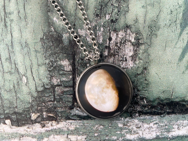 Waning Gibbous Moon Phase Print Glass Cabochon Pendant Necklace