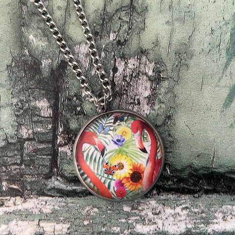 Tropical Pink Flamingos Floral Print Glass Cabochon Pendant Necklace