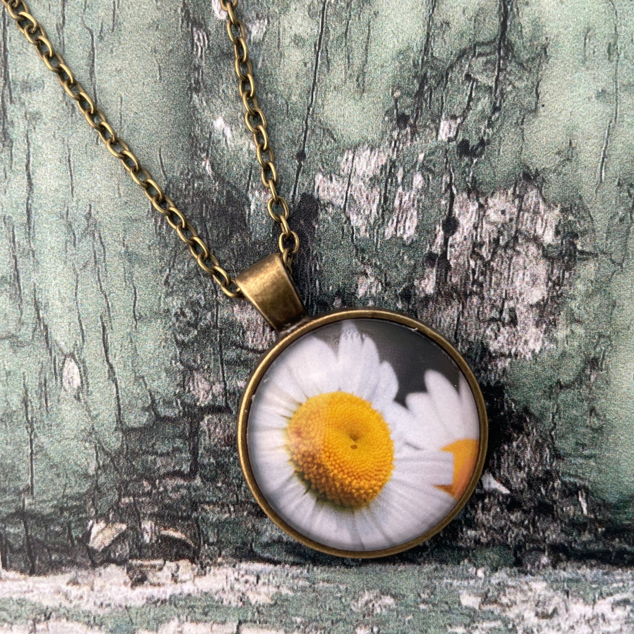White Leucanthemum Daisy Print Glass Cabochon Pendant Necklace