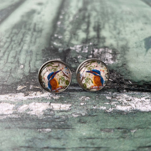 Blue Fishing Kingfisher Bird Glass Cabochon 14mm Stud Stainless Steel Stud Earrings