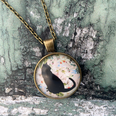 Sitting Black Cat Tropical  Floral Vintage Style Print Glass Cabochon Pendant Necklace
