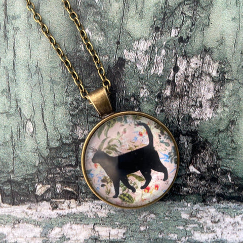 Walking Black Cat Tropical Floral Vintage Style Print Glass Cabochon Pendant Necklace