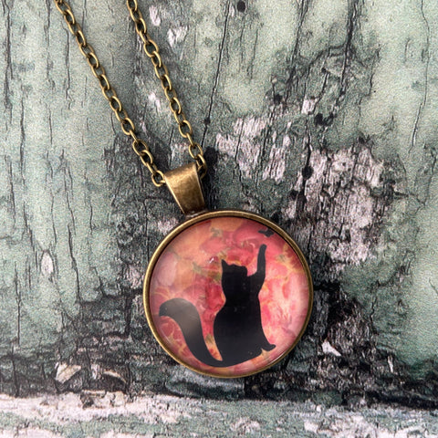 Pawing Black Cat Pink Roses Floral Vintage Style Print Glass Cabochon Pendant Necklace