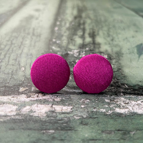 Fuchsia Pink Satin Fabric Button 19mm Stud Stainless Steel Stud Earrings