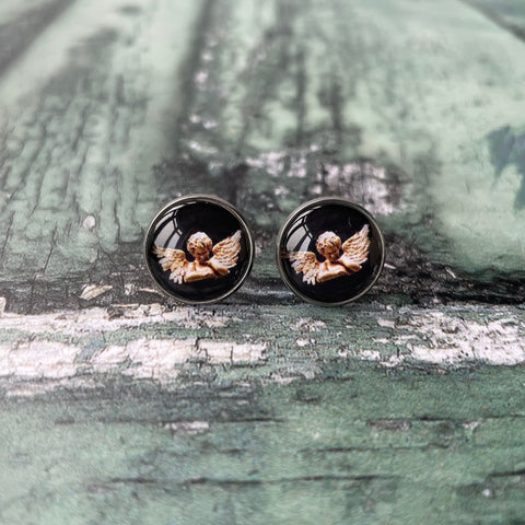 Black and Gold Cherub Glass Cabochon 14mm Stud Stainless Steel Stud Earrings