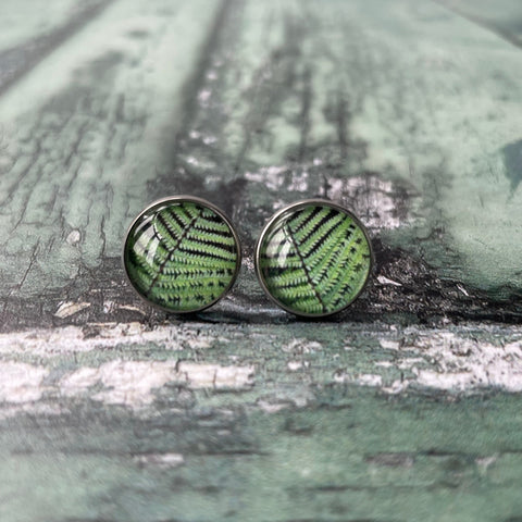 Mulranny Green Irish Ferns Print Glass Cabochon 14mm Stud Stainless Steel Stud Earrings