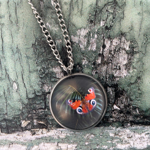 Red Peacock Aglais lo Butterfly Green Tropical Leaf Print Glass Cabochon Pendant Necklace