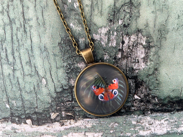 Red Peacock Aglais lo Butterfly Green Tropical Leaf Print Glass Cabochon Pendant Necklace