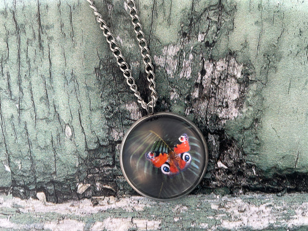 Red Peacock Aglais lo Butterfly Green Tropical Leaf Print Glass Cabochon Pendant Necklace