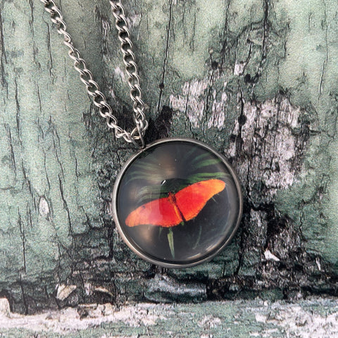 Orange Butterfly Julia Heliconian Butterfly Green Tropical Leaf Print Glass Cabochon Pendant Necklace