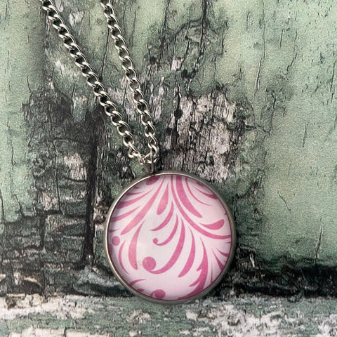 Pink Damask Pattern Print Glass Cabochon Pendant Necklace