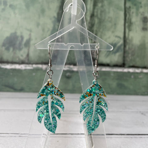 Green and Turquoise Glitter Tropical Leaf Plant Dangle Stainless Steel Hook Earrings