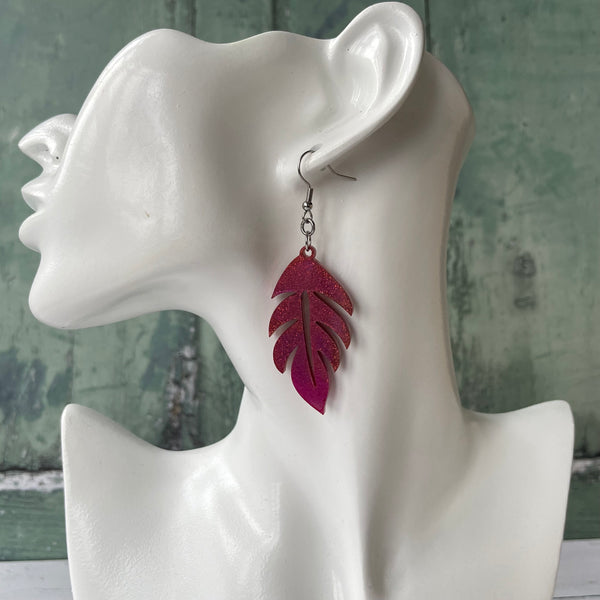 Metallic Magenta Pink and Copper Tropical Leaf Plant Dangle Stainless Steel Hook Earrings