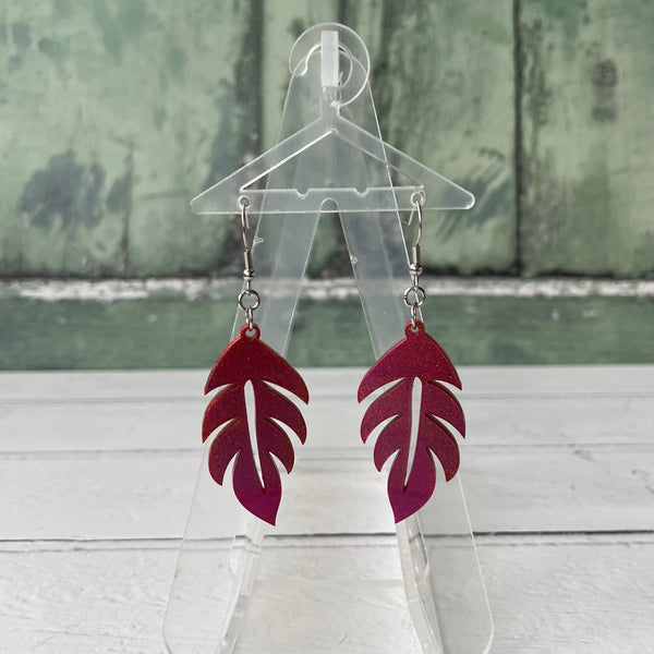 Metallic Magenta Pink and Copper Tropical Leaf Plant Dangle Stainless Steel Hook Earrings