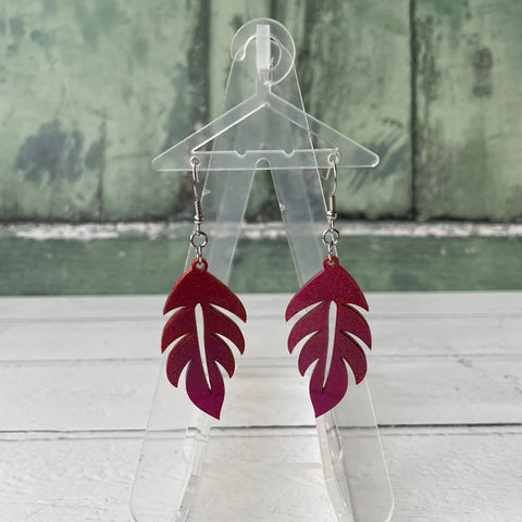 Metallic Magenta Pink and Copper Tropical Leaf Plant Dangle Stainless Steel Hook Earrings