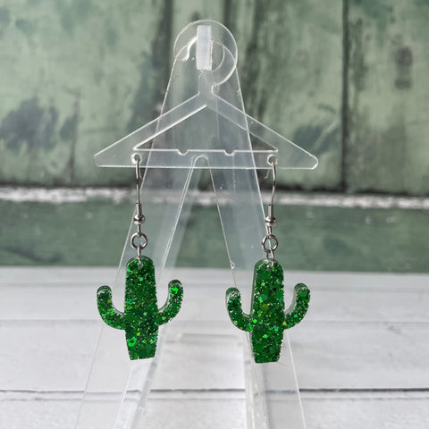 Green Glitter Cactus Plant Dangle Stainless Steel Hook Earrings