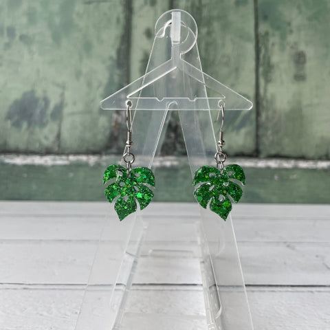 Green Glitter Monstera Leaf Plant Dangle Stainless Steel Hook Earrings
