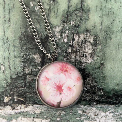 Pink Blossom Floral Print Glass Cabochon Pendant Necklace