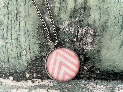 Pink Chevron Stripes Print Glass Cabochon Pendant Necklace