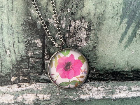 Pink Poppy Floral Print Glass Cabochon Pendant Necklace