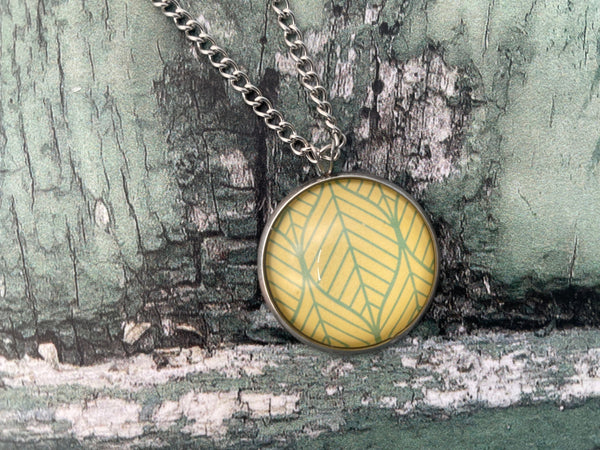 Yellow and Green Leaf Print Glass Cabochon Pendant Necklace
