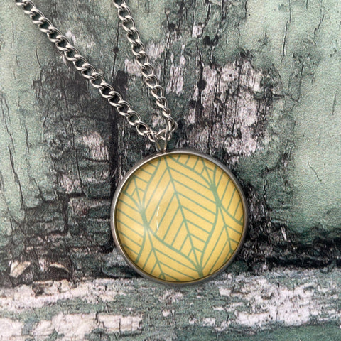 Yellow and Green Leaf Print Glass Cabochon Pendant Necklace