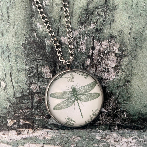 Green Dragonfly Print Glass Cabochon Pendant Necklace