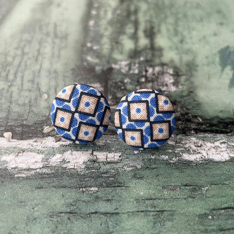 Retro Style Blue and White Geometric Fabric Button 22mm Stud Stainless Steel Stud Earrings