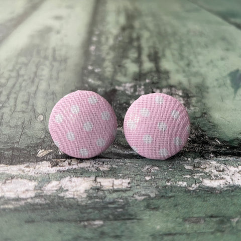 Vintage Style Light Pink and White Small Polka Dot Fabric Button 19mm Stud Stainless Steel Stud Earrings