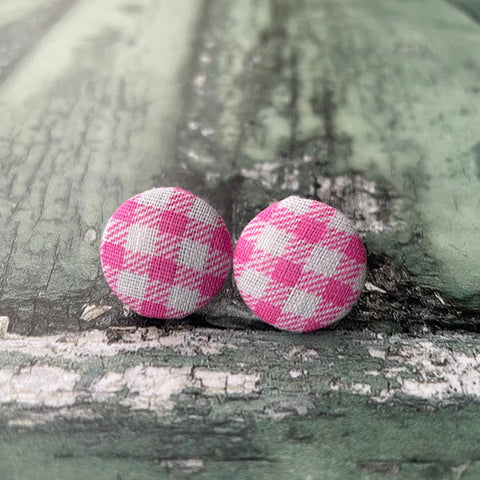 Vintage Style Pink and White Gingham Fabric Button 19mm Stud Stainless Steel Stud Earrings