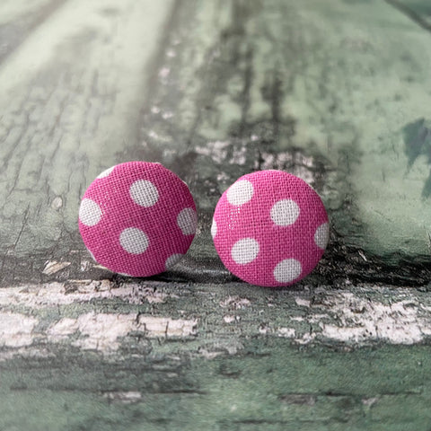Vintage Style Pink and White Large Polka Dot Fabric Button 19mm Stud Stainless Steel Stud Earrings