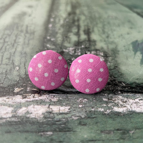 Vintage Style Pink and White Small Polka Dot Fabric Button 19mm Stud Stainless Steel Stud Earrings