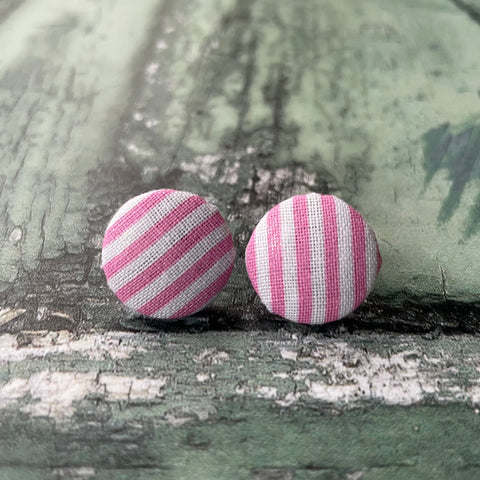Vintage Style Pink and White Striped Fabric Button 19mm Stud Stainless Steel Stud Earrings